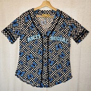 Cult Favorite Black White Check Blue Butterfly Anti-social Baseball Jersey Small
